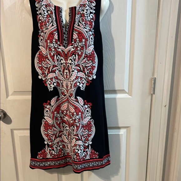 New York & Company Asymmetrical Dress with Red and White Patterns - Picture 1 of 8